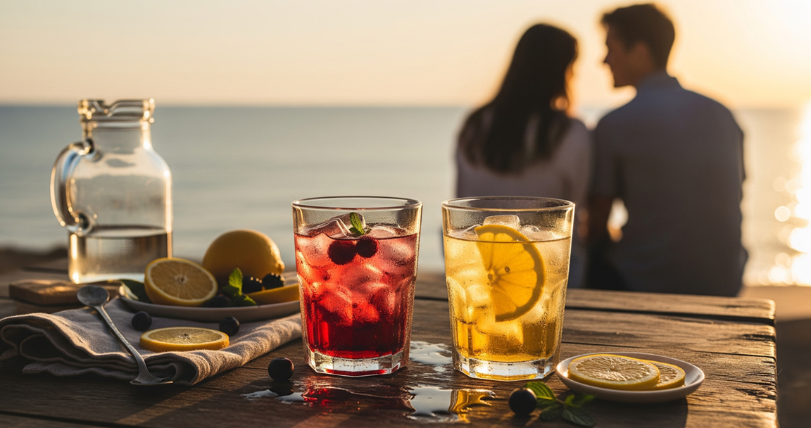 Vaso de cristal con infusión fría de frutos rojos con hielo